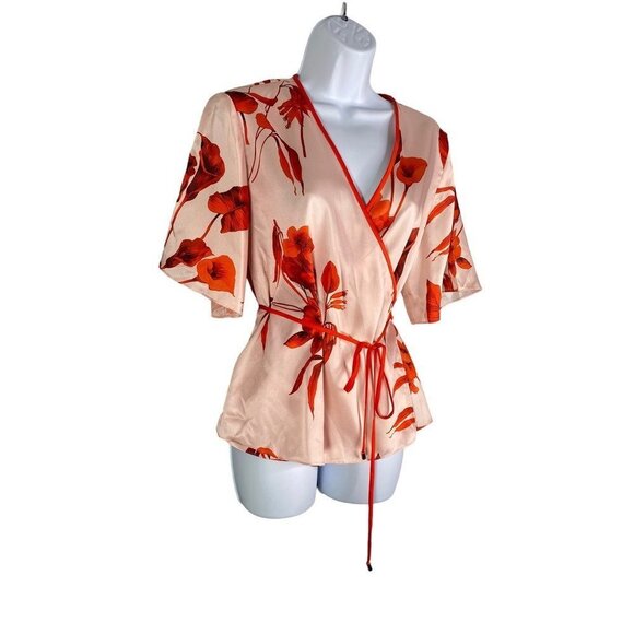 Ted Baker Womens Fantasia Wrap Top Peach Floral Half Sleeve Trimmed 3 / US M New - Picture 4 of 9